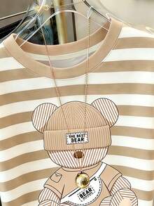 Resyla Women's Cartoon Bear & Striped Print Round Neck Short Sleeve T-Shirt - Multicolor - View 3
