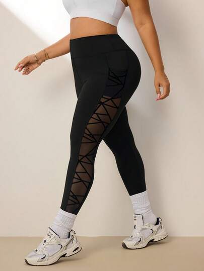 SHEIN Rhythm Era Plus Size Women Mesh Patchwork Sports Leggings