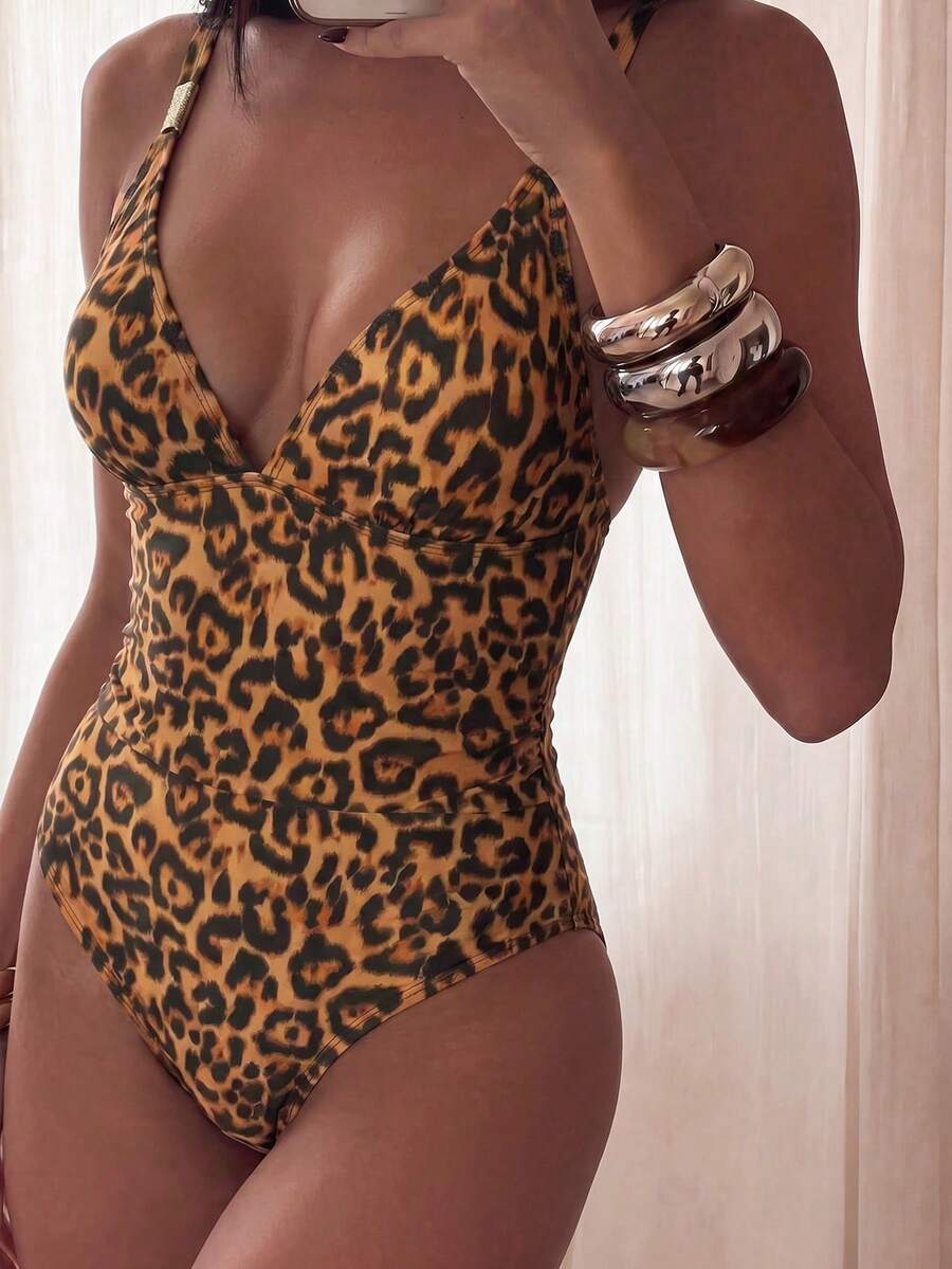 Shapewave Women's Sexy Tropical One-Piece Swimsuit With Criss-Cross Straps, Metal Decor And Waist Cinching, Suitable For Beach Vacation Chocolate Brown Summer - Brown - View 1