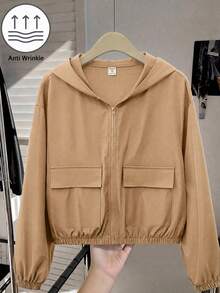 SHEIN Teen Girl Woven Solid Color Pocket Loose Casual Hooded Jacket - Khaki - View 6