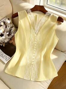 GlowEve Women's Sleeveless Lace Patchwork White Fitted Shirt, Elegant Button Front Closure, Fashionable - Yellow - View 3
