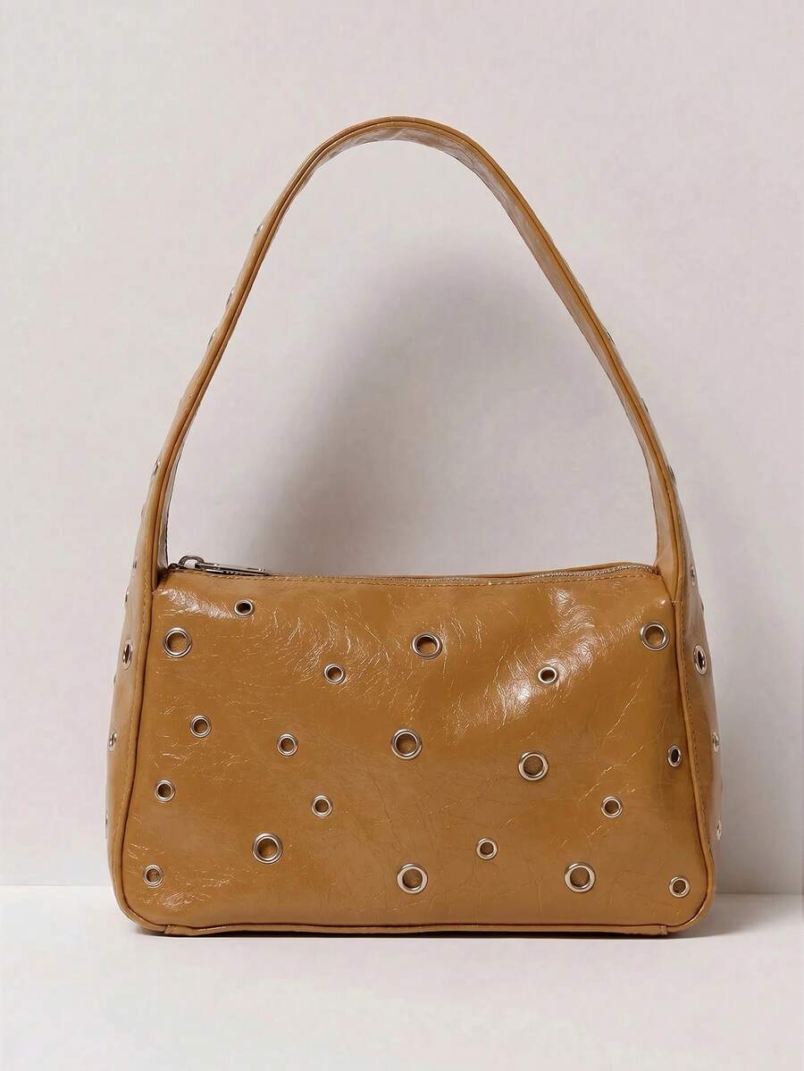 MUSERA Eyelet Studded PU Leather Shoulder Bag - Coffee - View 1