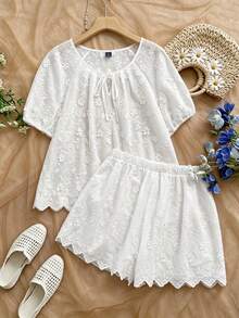 GlowEve CURVE Plus Size Women's Summer White Boho Outfit,Embroidered Round-Neck Tie-Front Shirt And Shorts Two Pieces Set,Loose Holiday Tea Party Fashionable Set - White - View 1