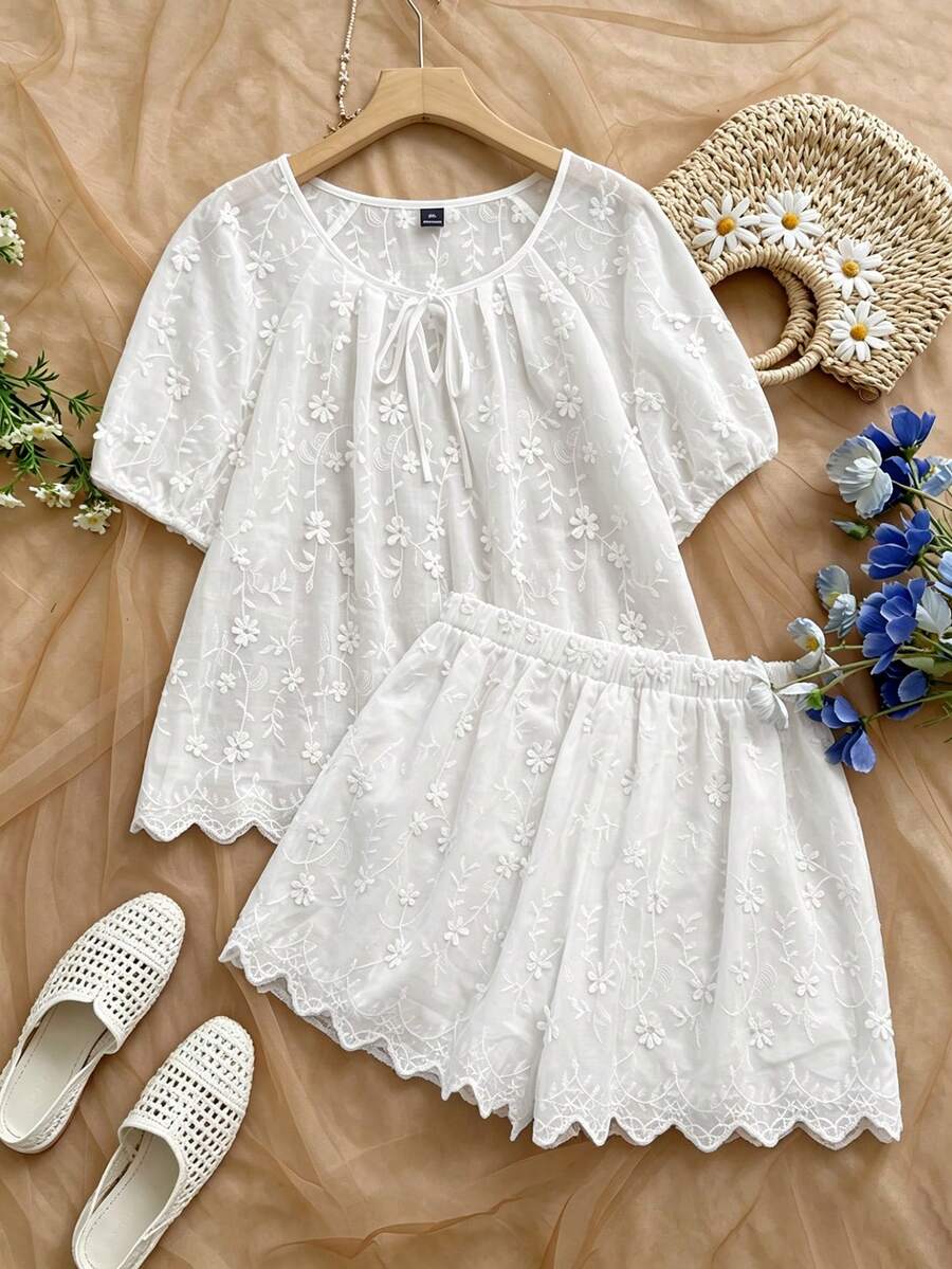 GlowEve CURVE Plus Size Women's Summer White Boho Outfit,Embroidered Round-Neck Tie-Front Shirt And Shorts Two Pieces Set,Loose Holiday Tea Party Fashionable Set - White - View 1