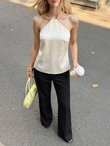 BizChic 女款純色掛脖背心，休閒運動風、鄉村風，適合日常商務通勤、約會、度假、辦公室，修身顯瘦、優雅性感、百搭，適用夏季、秋季、萬聖節、開學季、派對、生日、婚禮賓客、教堂、特殊場合、外出、海灘、聚會、社交、假日、購物、下午茶、旅行，度假風、慵懶街頭風、極簡風 - 杏色 - 查看 1
