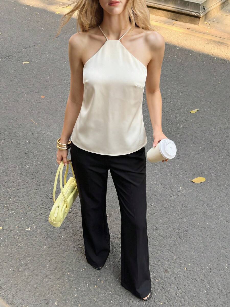 BizChic 女款純色掛脖背心，休閒運動風、鄉村風，適合日常商務通勤、約會、度假、辦公室，修身顯瘦、優雅性感、百搭，適用夏季、秋季、萬聖節、開學季、派對、生日、婚禮賓客、教堂、特殊場合、外出、海灘、聚會、社交、假日、購物、下午茶、旅行，度假風、慵懶街頭風、極簡風 - 杏色 - 查看 1