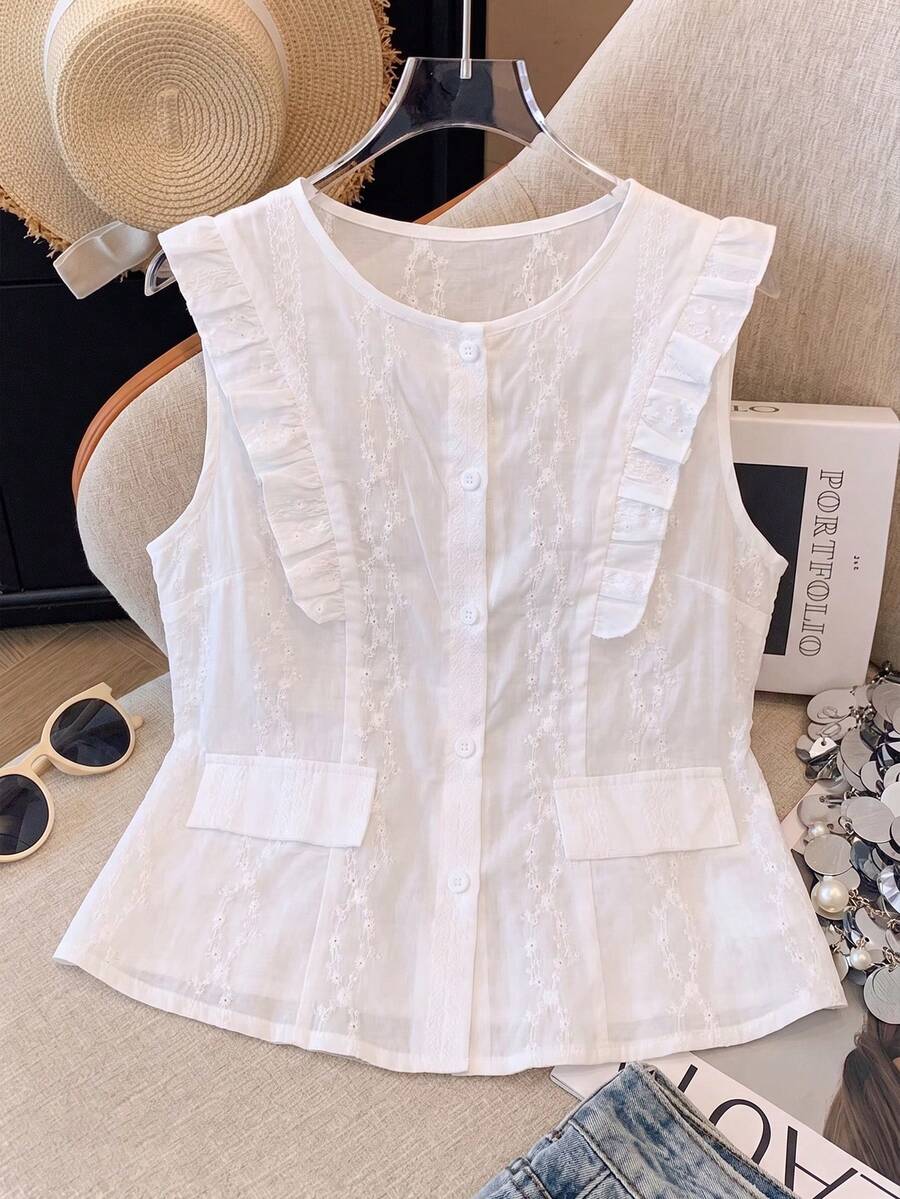 SHEIN Franclia 女士白色镂空刺绣背心，荷叶边无袖纽扣衬衫，休闲圆领带口袋衬衫 - 白色 - 查看 1