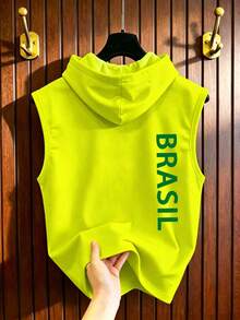 Aesthetic Post Áo khoác gile hoodie nam có túi, in chữ chủ đề Brazil, màu xanh neon - Màu vàng - Xem 2
