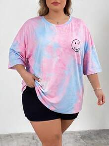 SHEIN CURVE+ 夏季女士扎染印花圆领短袖T恤，大码可选 - 彩色 - 查看 3