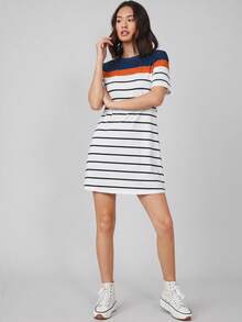 SHEIN BASICS Women's Summer Casual Vacation & Commute Colorblock Striped Print Short Sleeve Mini Dress - Multicolor - View 4