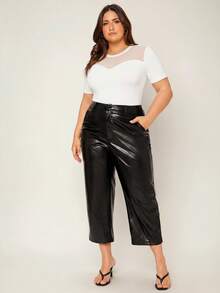 SHEIN BASICS 大码女式网纱拼接圆领短袖连体衣 - 白色 - 查看 6