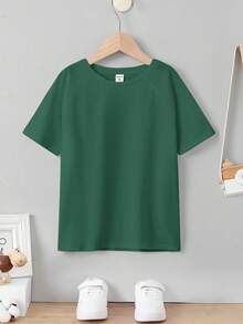 SHEIN Tween Boy Loose Minimalist Round Neck Solid Color Raglan Sleeve Short Sleeve T-Shirt - Green - View 3