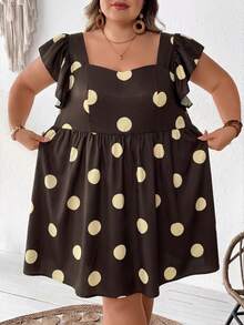 SHEIN CURVE+ Plus Size Women Lemon Fruit Print Sweetheart Neck Puff Sleeve A-Line Mini Dress, Vacation Style For Summer Boho Vacation - Brown - View 6