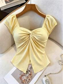 GlowEve Women's Knitted Striped Floral Jacquard Elastic Scoop Neck Twist Front Split Shoulder Short Sleeve Backless Casual Daily Versatile T-Shirt, Summer - Yellow - View 8