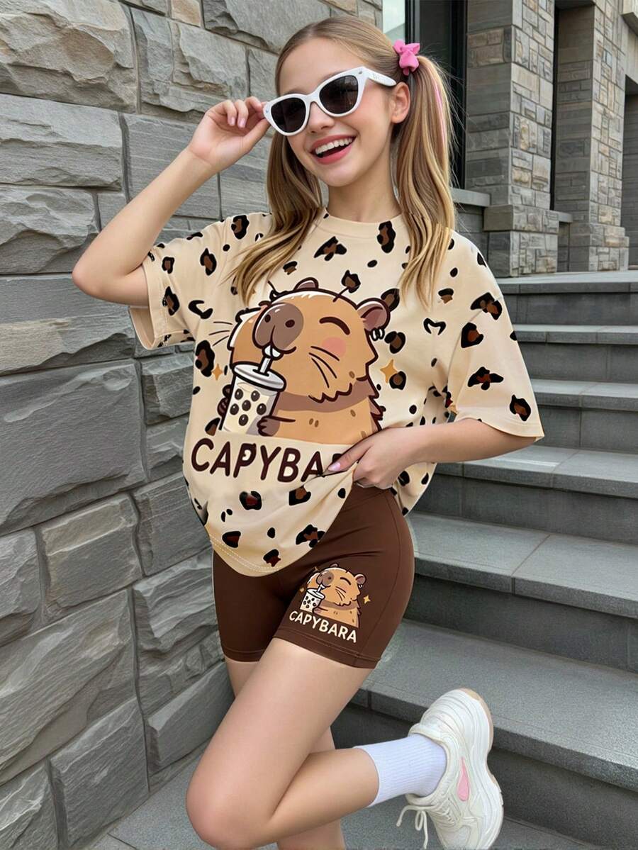 春夏青少年女孩休閒時尚創意個性化高端清爽豹紋拼接圖形字母印花寬鬆返校款 - 彩色 - 查看 1