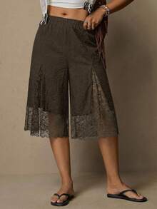 Freevana Große Größen Sommer Vintage einfarbige Hose mit Kontrast-Spitze und elastischem Bund - Kaffeebraun - Übersicht 1