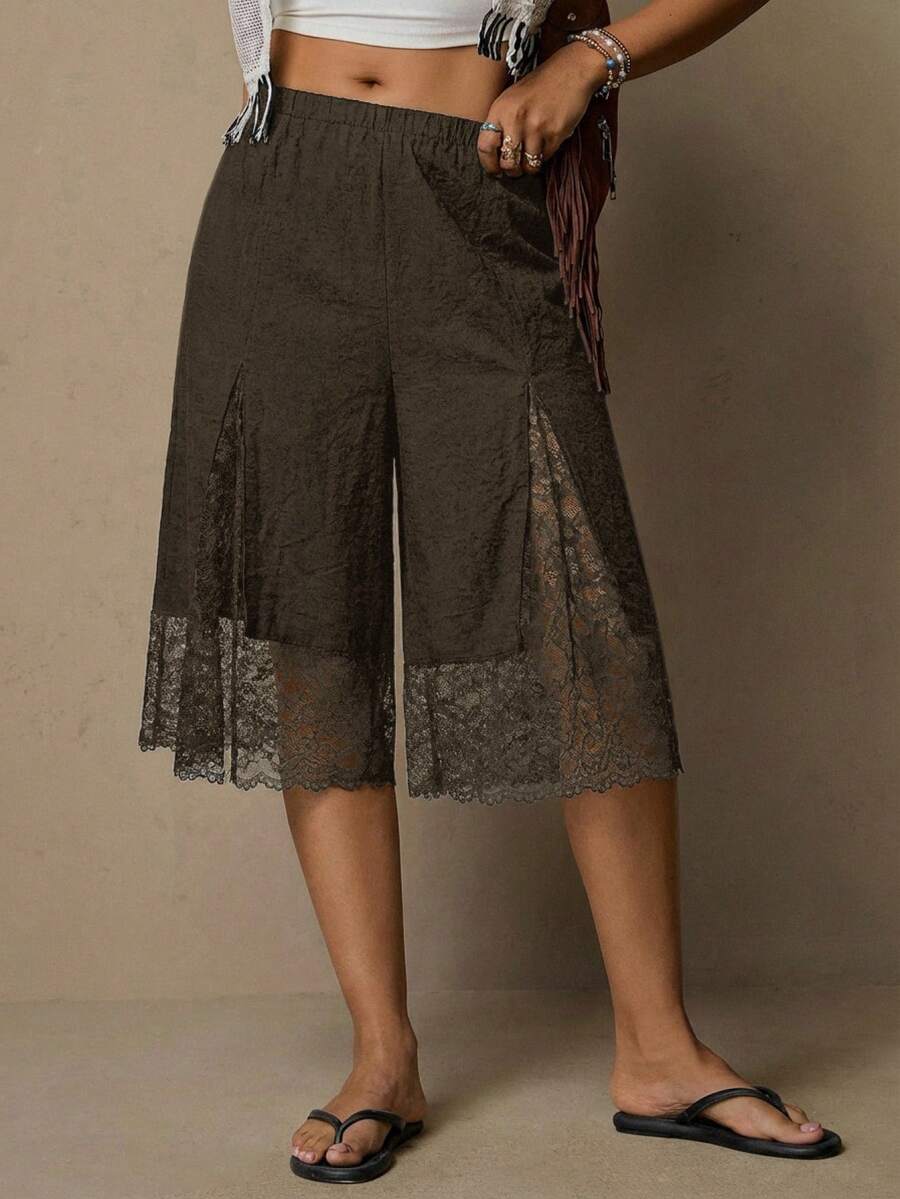 Freevana Große Größen Sommer Vintage einfarbige Hose mit Kontrast-Spitze und elastischem Bund - Kaffeebraun - Übersicht 1
