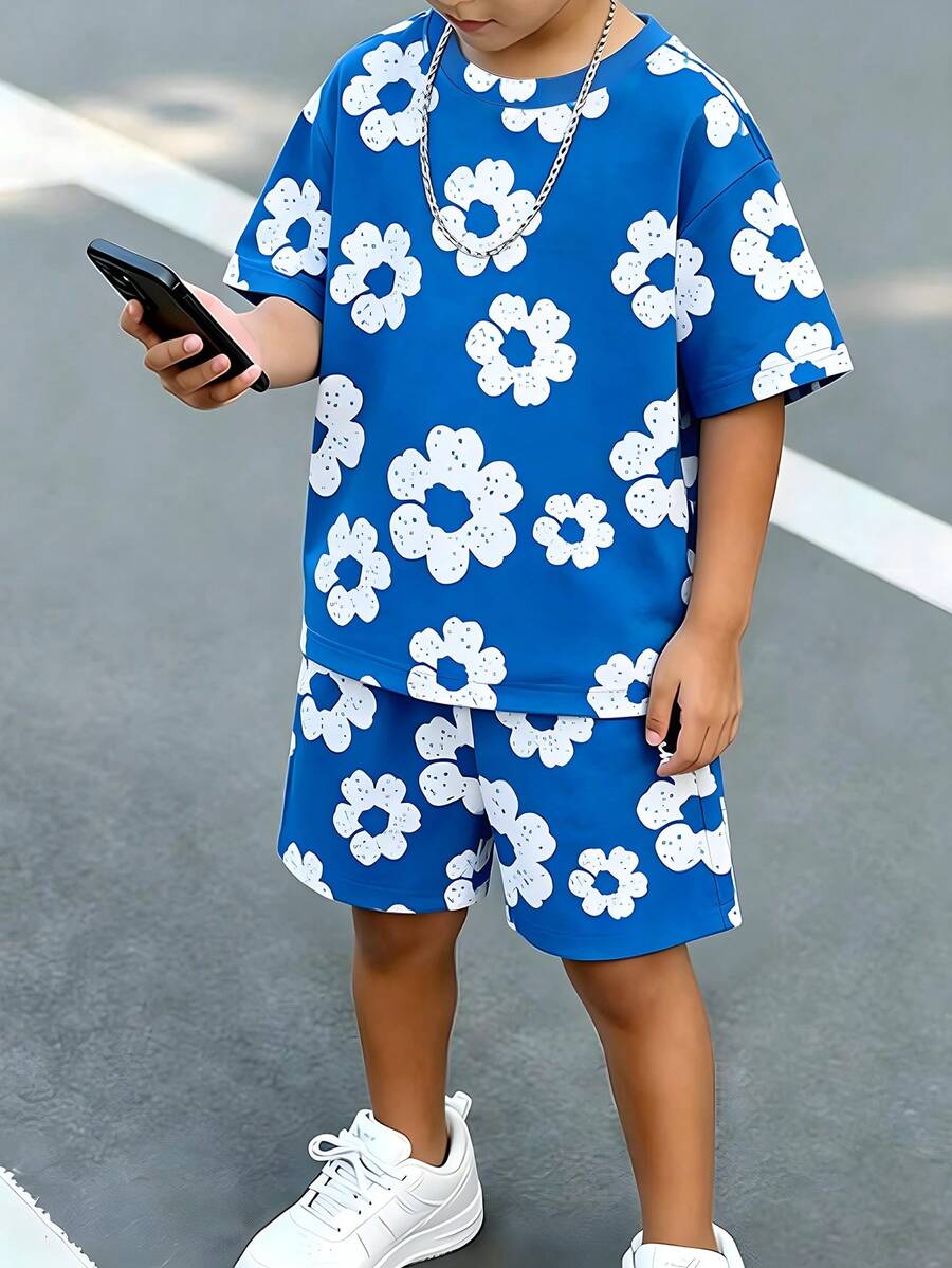 2pcs/Set Young Boys' Casual Creative Floral Print Short Sleeve T-Shirt And Shorts, Comfortable Daily Wear, Suitable For Spring, Summer - Multicolor - View 1