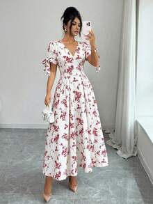 GlowEve 女款白色碎花夏季優雅婚禮賓客小碎花V領繫帶收腰A字裙，度假通勤時尚法式復古中長洋裝 - 彩色 - 查看 5