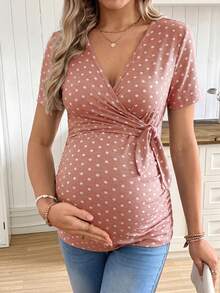 SHEIN Casual Elegant Tie Bow Polka Dot Print Maternity T-Shirt - Baby Pink - View 5