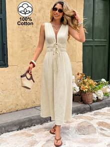 Elyressa Women's Stretch Long-Sleeved Cotton Elegant Summer Resort Dress - Apricot - View 3
