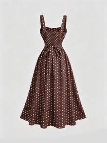Sweetra French Square Neck Polka Dot Waist Maxi Dress - Brown - View 2