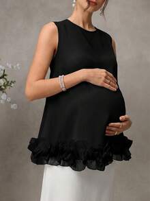 Momance Maternity Camisole, Round Neck With 3D Ruffle Hem For Sweet Style, Satin Smooth Skin-Friendly Fabric, Loose Fit For Pregnancy, Gentle And Elegant - Black - View 1