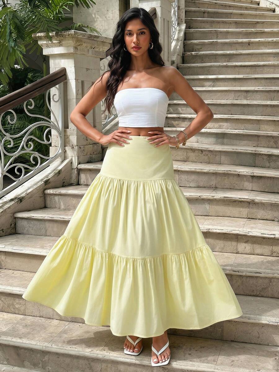 EURMUSE تنانير كاجوال بتفاصيل سحاب بلون أصفر فاتح مناسبة للسيدات بقصة عادية - أصفر فاتح - مشاهدة 1