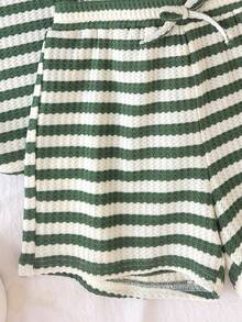 SHEIN 青少年女孩休閒日常百搭舒適修身條紋布料上衣與長褲套裝 - 藍色 - 查看 6