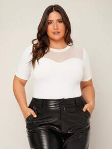 SHEIN BASICS 大码女式网纱拼接圆领短袖连体衣 - 白色 - 查看 5