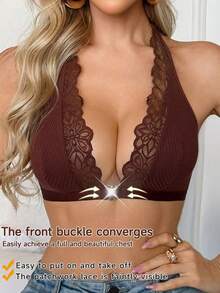 Elegant Sexy Front Closure Romantic Lace Patchwork Halter Bra - Coffee Brown - View 5