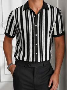 Manfinity CasualCool Men's Comfortable Versatile Summer Striped Textured Shirt - Black - View 4