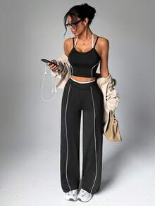 Dewbera Dewbera Women's Contrast Color Casual Straight Leg Fitness Workout Pants - Black and White - View 6