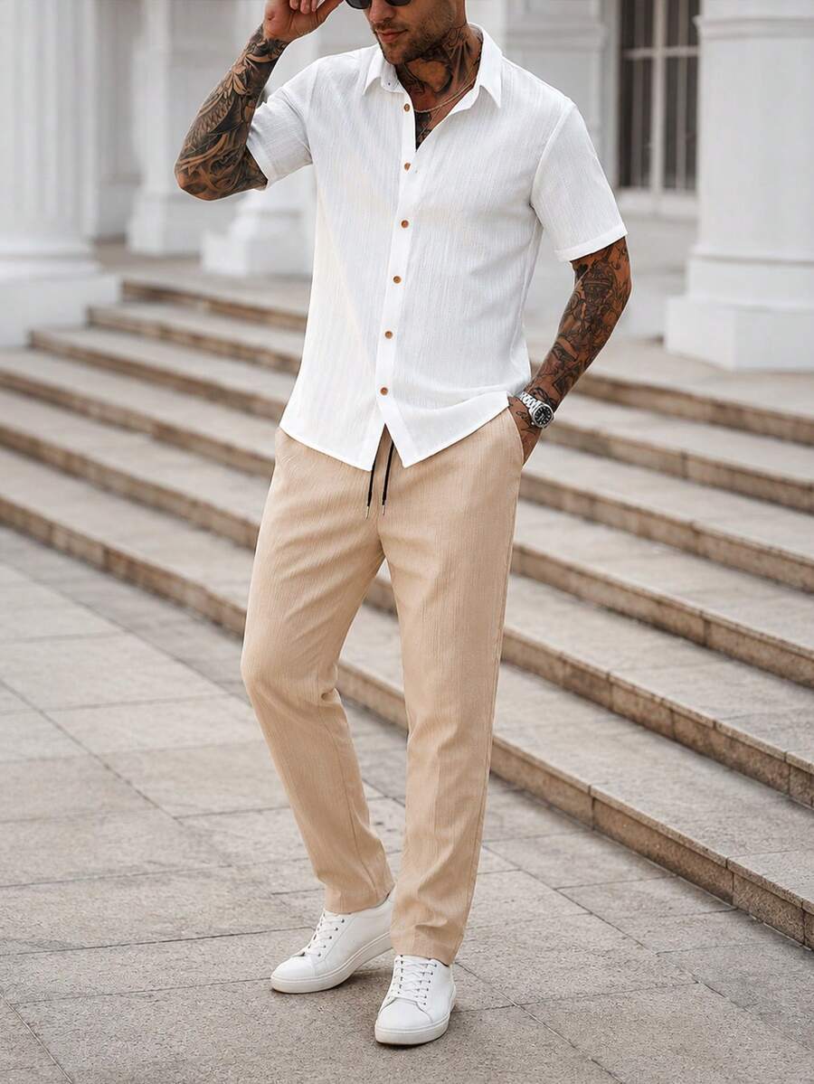 Manfinity Homme 极简男士纹理单排扣短袖衬衫和抽绳腰工装裤套装