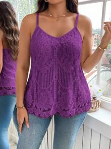 Reflora Plus Size Elegant Solid Color Lace Camisole For Summer - Red Violet - View 6