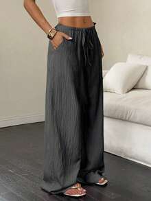 EMERY ROSE Plus Size Women Casual Solid Color Wide Leg Pants, Autumn Loose Fit Long Trousers Fall - Grey - View 5