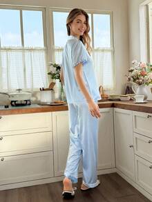 Snug Reverie Women's Short Sleeve Faux Silk Pajama Set With Small Ruffle Collar Loungewear Baby Blue Summer Elegant - Baby Blue - View 2