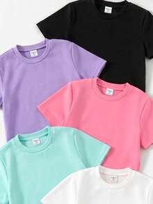 SHEIN 6 Stücke Mädchen Casual Komfortable Unifarben Rundhals Kurzarm T-Shirt Set, Sommer, ideales Geschenk für Mädchen Oberteile Kinder - Verschiedenfarbig - Übersicht 6