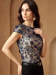 Anewsta Elegant Embroidered Floral Beaded Top For Women - Navy Blue - View 1