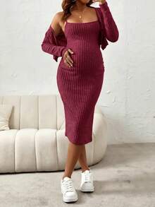 SHEIN 2件組孕婦純色長袖開襟外套與無袖洋裝休閒套裝 - 酒紅色 - 查看 5