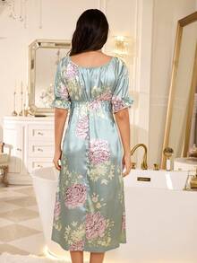 LuxeNights Áo ngủ nữ kiểu Pháp cổ điển bằng satin in hoa, phối ren, cổ vuông, tay cánh hoa, eo cao, gợi cảm. - Nhiều màu - Xem 2