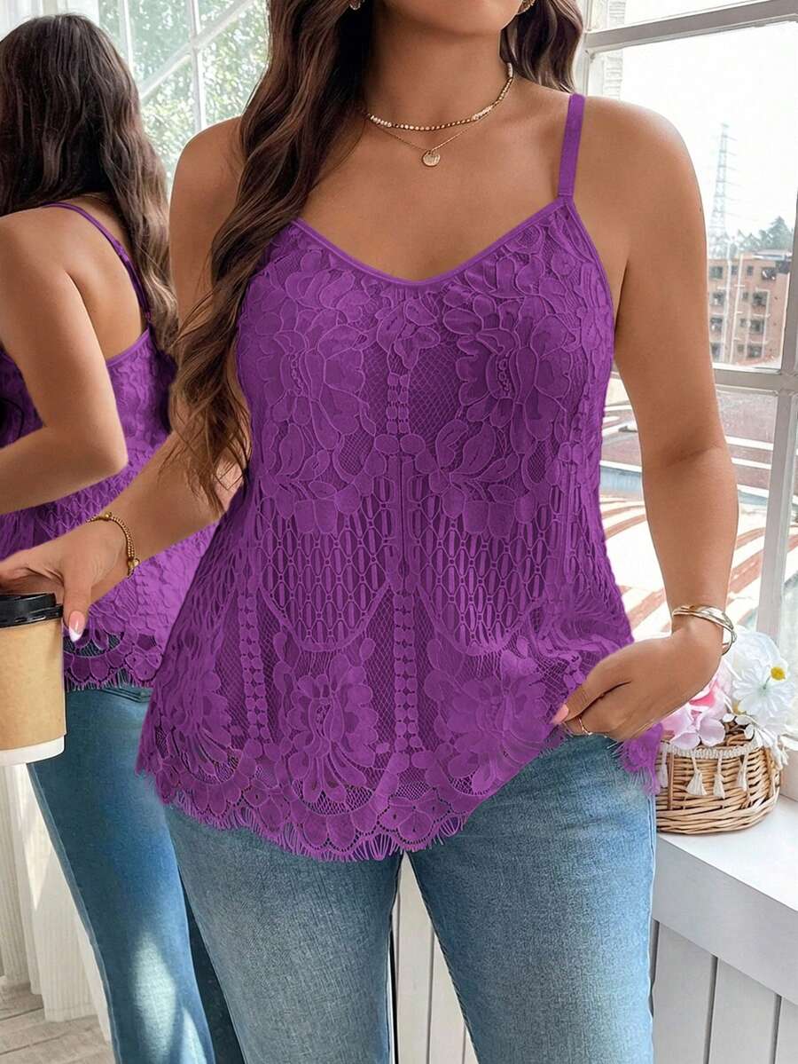 Reflora Plus Size Elegant Solid Color Lace Camisole For Summer - Red Violet - View 1