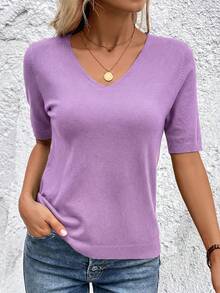 SHEIN Clasi Women's Casual V-Neck Short Sleeve Knit Top, Solid Color, Versatile For Vacation, Daily Commute - Dusty Purple - View 6
