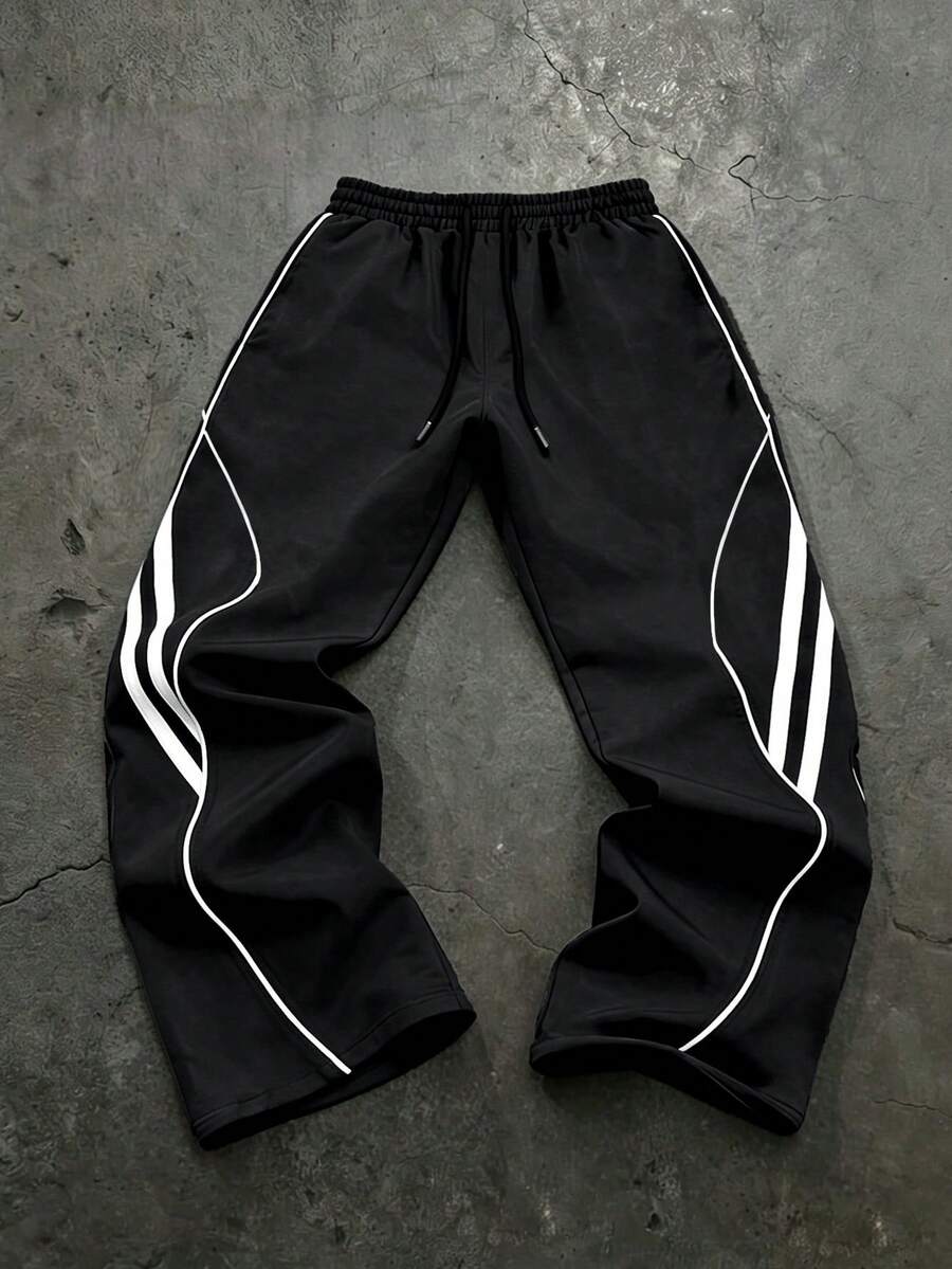 Sport MetroGents 男士直筒阔腿系带休闲运动裤,健身裤 - 黑色 - 查看 1
