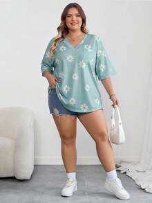 SHEIN CURVE+ 大码曲线/校园服/返校服/返校季大号条纹休闲简约大码T恤，适合夏季穿着，带口袋 - 藍色 - 查看 6