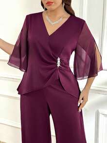 Reflora Conjunto de 2 piezas de top y pantalones elegantes con decoración de diamante de imitación para tallas grandes - Rojo violeta - Ver 1