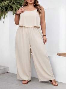 SHEIN CURVE+ Curve 尺码 US22 音乐节、海滨度假、波西米亚风女士休闲度假纹理纯色连体裤 - 杏色 - 查看 5