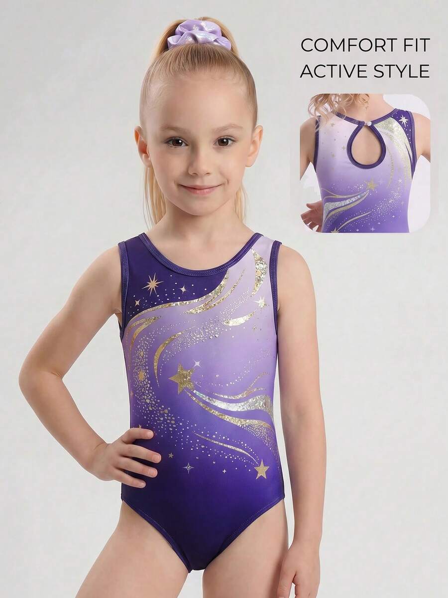 SHEIN Young Girl Round Neck Contrast Color Star Pattern Hollow Out Sleeveless Jumpsuit - Purple - View 1