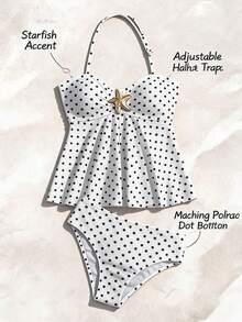 SHEIN Tween Girl Printed Polka Dot Halter Tankini Swimwear Set, Suitable For Beach, Vacation - Black and White - View 9