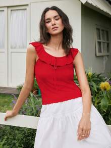 Gaivellea Women's Summer Solid Color Ruffle Tie Front Knit Top Golf Pastal Sexy - Red - View 4